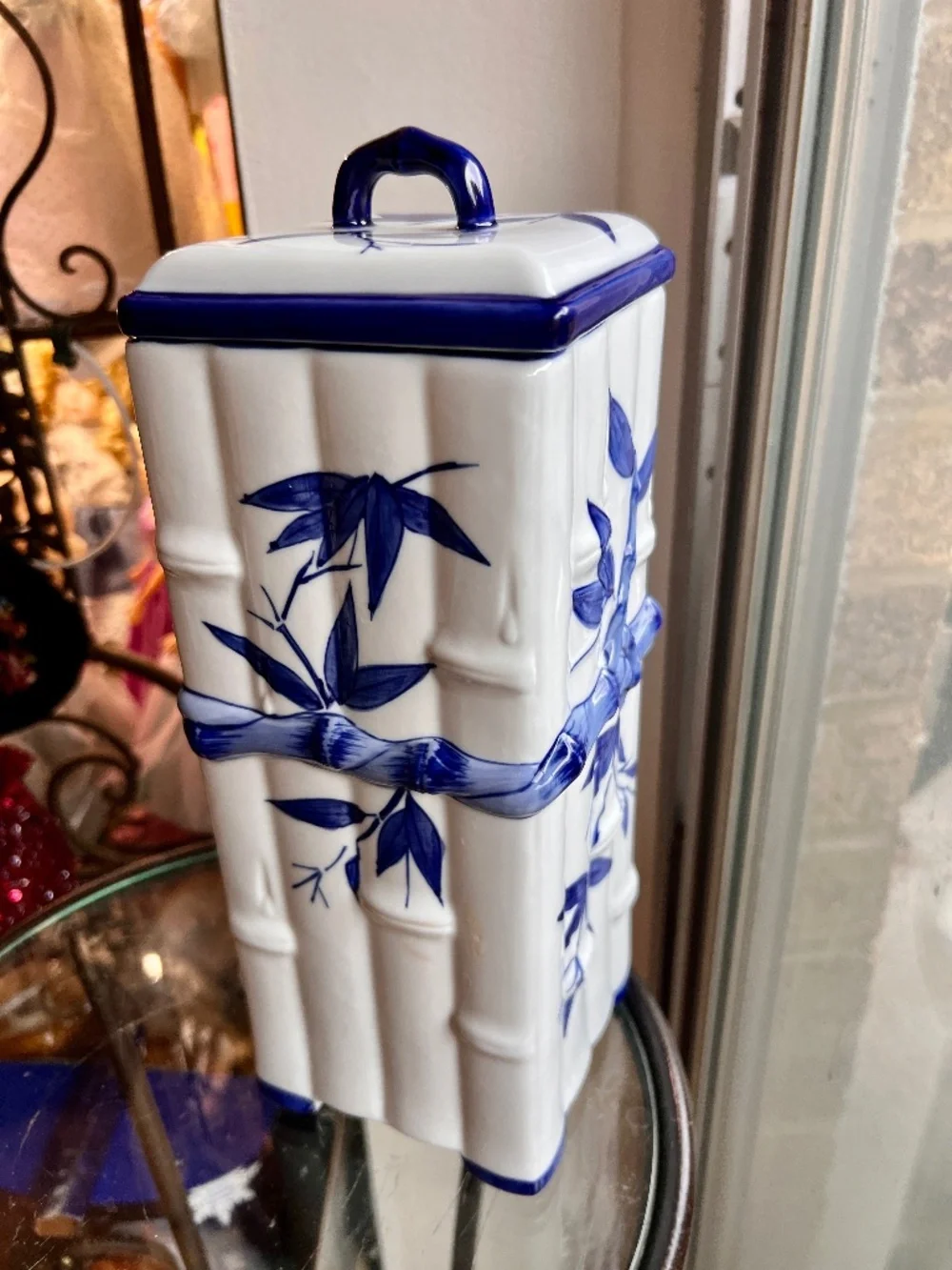 Beautiful Hand-Painted Blue & White Bamboo Ceramic Chinoiserie Square Canister